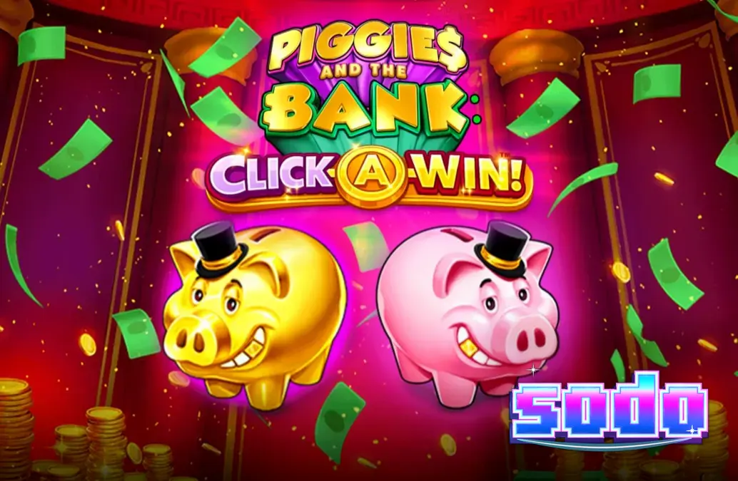Giao diện trò chơi Piggies and the Bank Click-A-Win với chú heo đất sang trọng